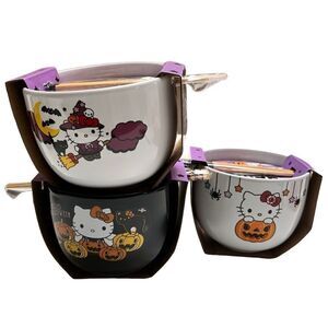 Sanrio Hello Kitty 20oz Halloween Ceramic Bowls with Chopsticks (set of 3) NEW